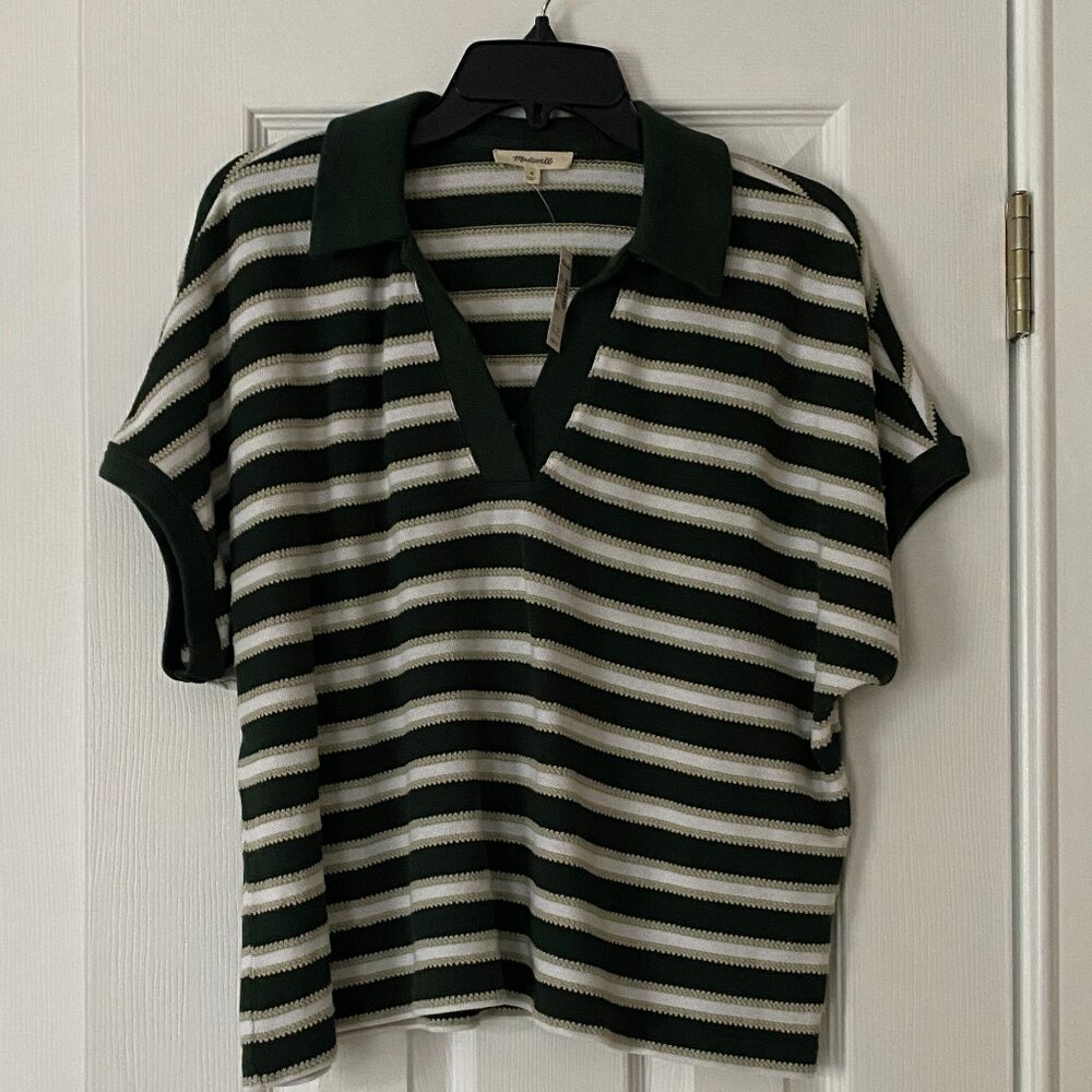 Madewell green and white striped polo top